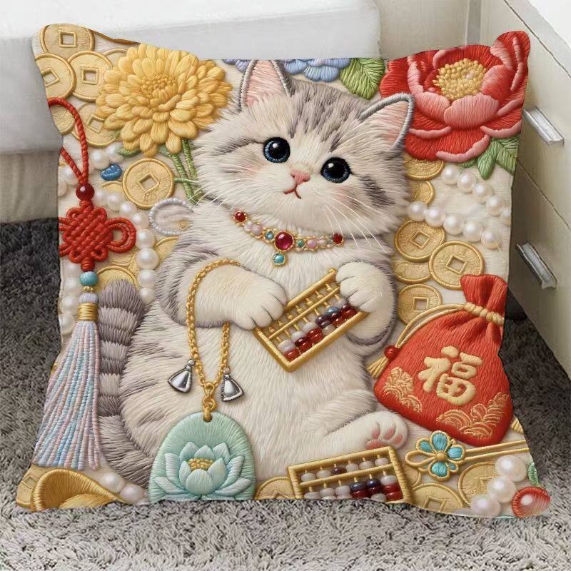 爆款招财猫咪抱枕印花可爱家居沙发车载摆件靠垫床头超软腰枕含芯