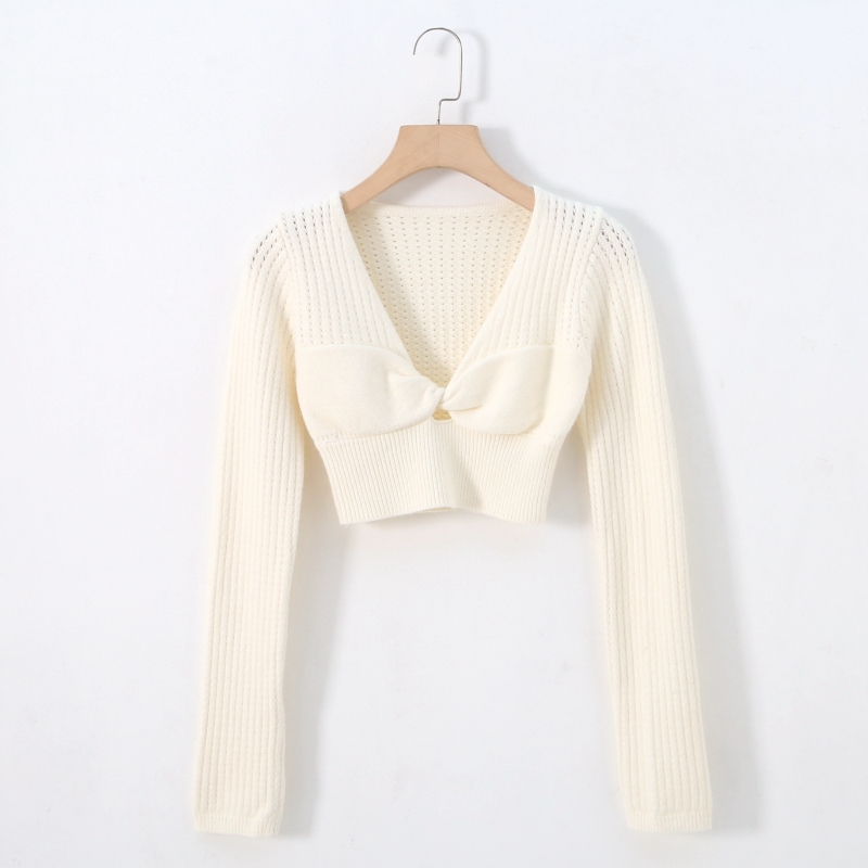 性感大V领镂空针织衫露脐上衣