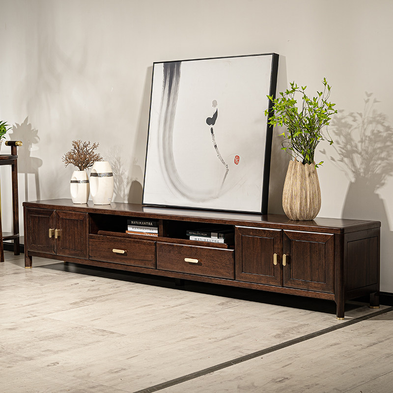 实木电视柜客厅家用中古风乌金木茶几电视柜客厅2024新款加宽地柜
