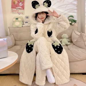 秋冬季加绒加厚三层夹棉袄珊瑚绒睡衣女士套装睡袍2023新款家居服