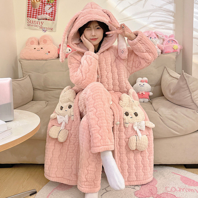 秋冬季三层夹棉睡袍女珊瑚绒加厚加绒长款卡通款睡衣家居服套装