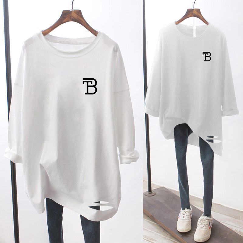 百搭打底衫宽松中长款白色内搭长袖t恤女春秋装冬季加绒上衣纯棉