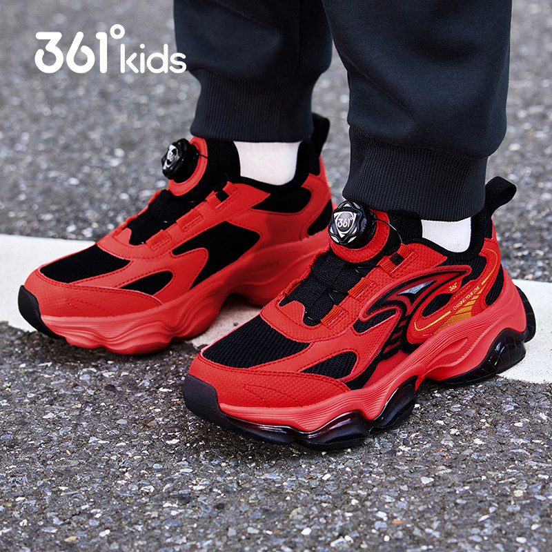 361童鞋男童防滑耐磨运动鞋 儿童旋钮跑鞋2026春季青少年红色复古