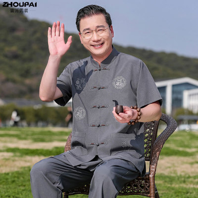 唐装男中老年人爸爸夏装短袖套装