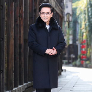 冬季新款中老年毛呢大衣男爸爸冬装外套加绒加厚长款羊毛呢子风衣