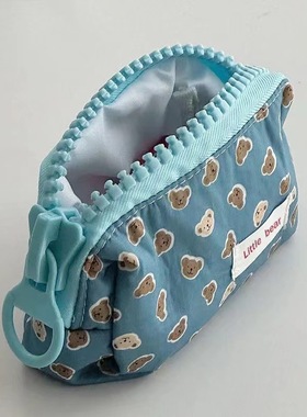 2025新款蓝色小熊大拉链笔袋ins风高颜值大容量文具袋初中女生简约可爱铅笔盒女孩款小众不撞款小学生铅笔袋