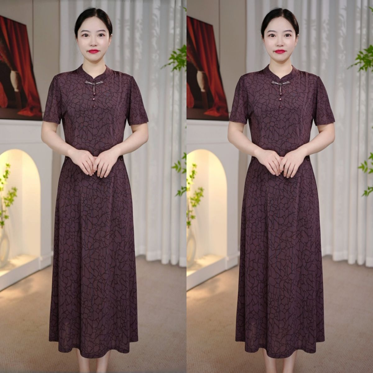 新中式爆款流行短袖连衣裙女2025夏季新款妈妈装龟裂纹复古长裙