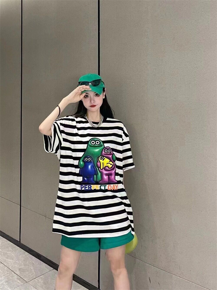 短袖通勤薄款条纹纯棉女装印花