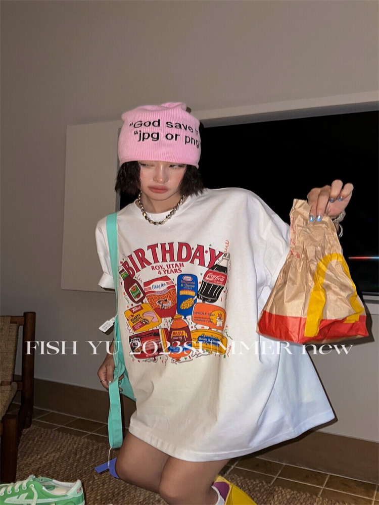 十三行2023夏季新款FISH YU美式复古零食3D直喷印花宽松短袖T恤潮