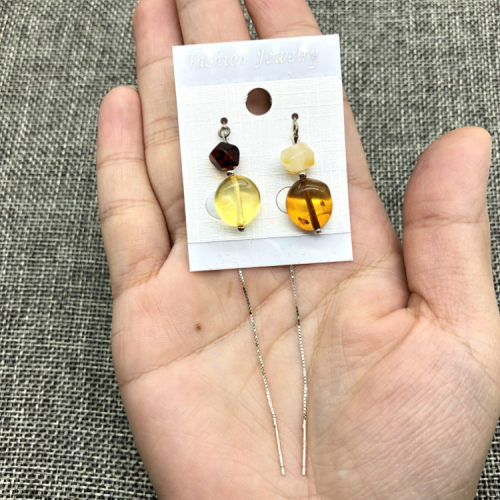 波兰小东西天然耳线925纯银蜜蜡