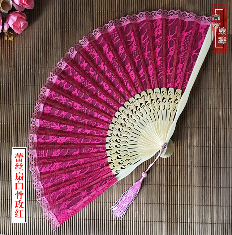 中国风古典旗袍汉服双层蕾丝扇日式折扇竹柄折扇扇子女扇礼扇包邮