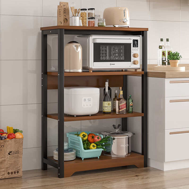 特匠厨房置物架落地多层微波炉架子货架烤箱收纳架四层黑橡木色