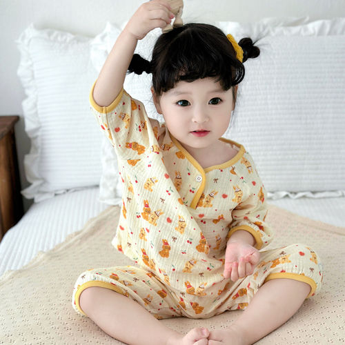 法国Anseola 韩版儿童7分袖家居服套装纱布棉女童短袖睡衣男童薄