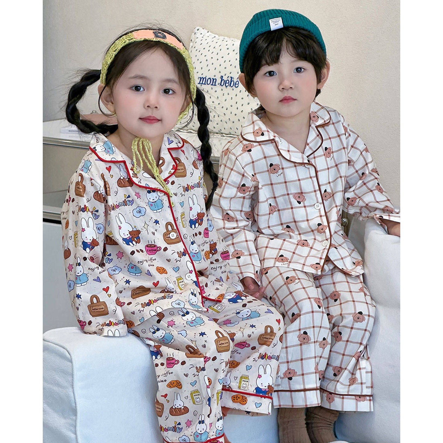 法国Anseola 2026年韩版翻领儿童纯棉睡衣女童满印男童宝宝家居服