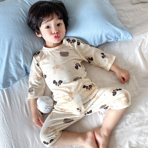 法国Anseola 新夏季薄款儿童七分袖套装网眼透气竹纤维睡衣男女童