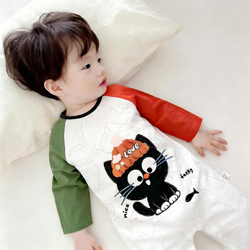 法国Anseola 2026新品春秋宝宝纯棉卡通长袖连体衣睡袋婴儿家居服
