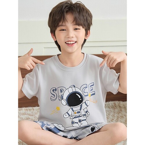 法国Anseola 夏季睡衣儿童纯棉短袖男童卡通短裤套装男孩中大童