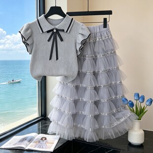 法国Anseola 女童夏季轻奢小众高端套装蛋糕长裙新款儿童洋派时髦