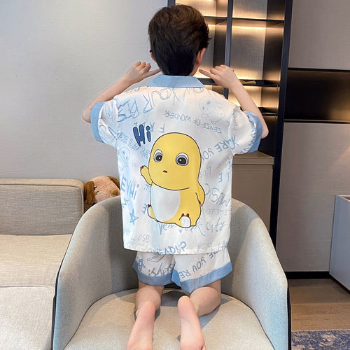 法国Anseola 夏薄款儿童冰丝睡衣男童短袖开衫卡通套装男孩中大童