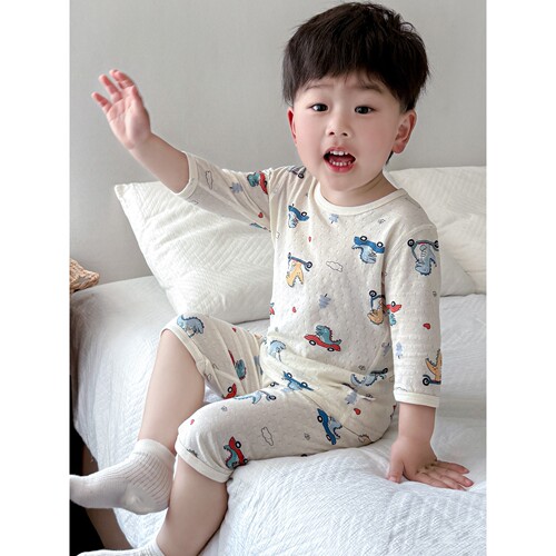 法国Anseola 宝宝睡衣夏季儿童家居服纯棉薄款呼吸男童空调服7分