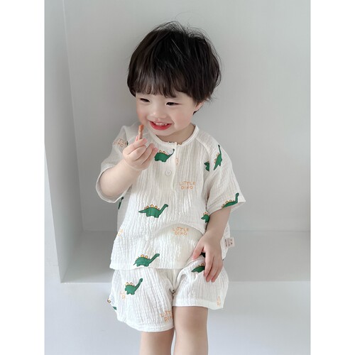 法国Anseola 宝宝家居服夏季儿童睡衣短袖短裤套装纱布纯棉男女童