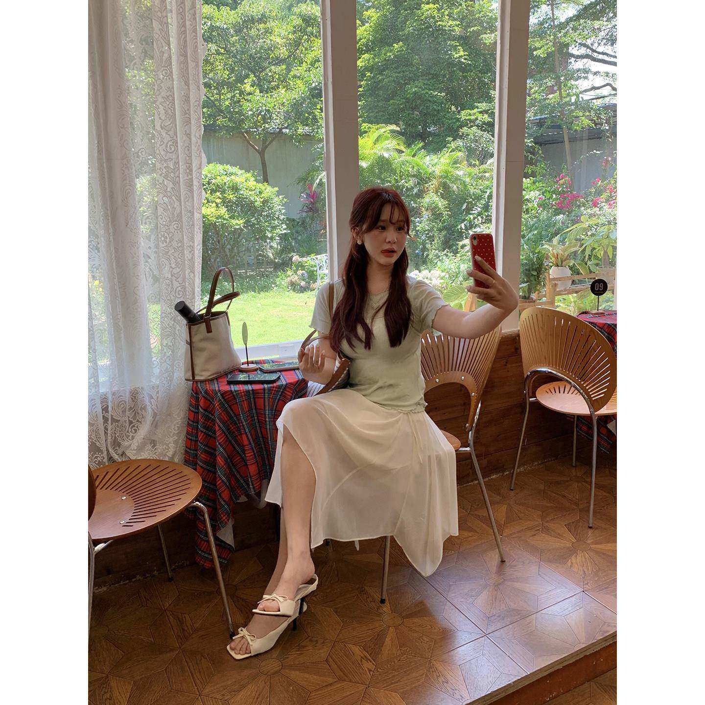 山山屿你【漫纱少女】微胖韩系半身裙垂感显瘦纱纱不规则裙摆中裙