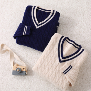 中大童 打底衫 蒙秀尔100%山羊绒衫 儿童V领加厚毛衣男全羊毛针织衫