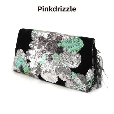 Pinkdrizzle x Kayakan游园绮梦刺绣亮片鸵鸟毛新中式丝绒手拿包