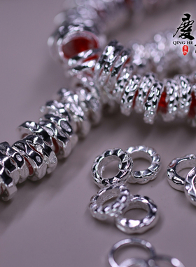 手工锤纹银环S925纯银实心麻花银环隔珠饰品文玩盘缠银圈串珠垫片