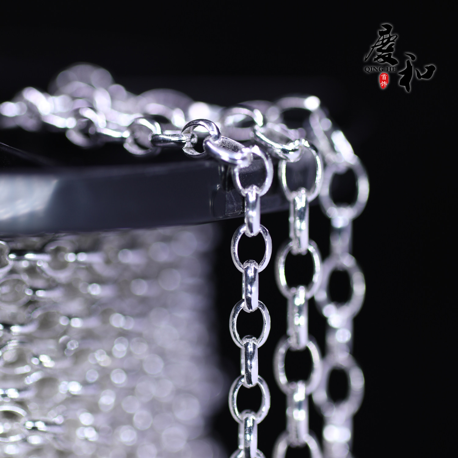 S925纯银长片十字珍珠项链椭圆O字卜面圆弧链加长手工混搭叠戴链