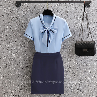 蓝色衬衫女小个子夏季短袖设计感小众上衣V领蝴蝶结气质衬衣工装