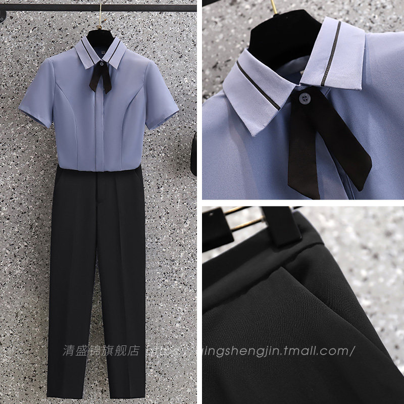 前台接待职业套装灰色衬衫女夏短袖酒店经理工作服售楼部工装衬衣