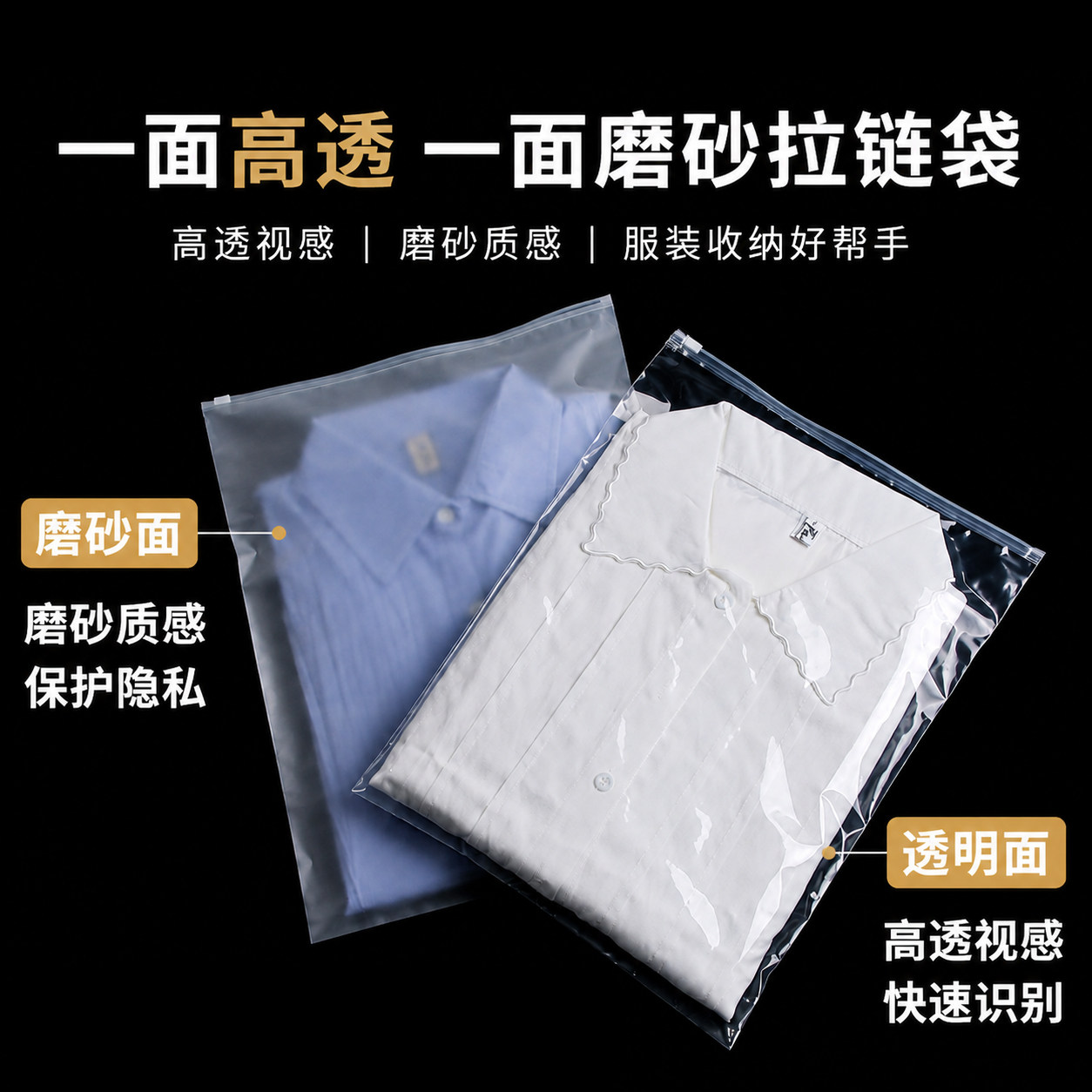 一面磨砂一面高透明PE服装拉链袋加厚打包收纳塑料女装衣服包装袋