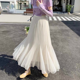 网纱半身裙女2025新款纱裙中长款遮跨不规则鱼尾裙高腰a字百褶裙