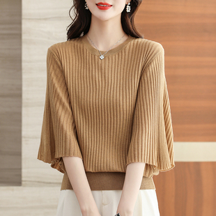 针织蝙蝠衫 遮肚打底衫 女春秋薄款 洋气中袖 上衣 t恤2025新款 七分袖