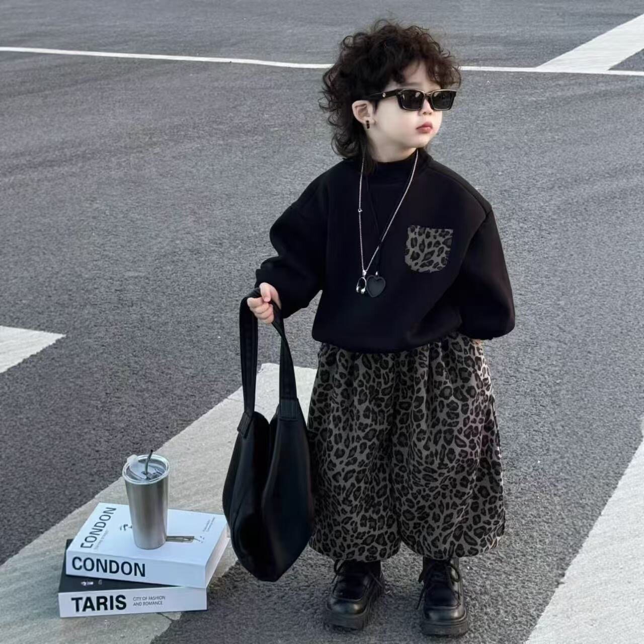 2026新款男童男女秋季套装亲子卫衣春秋韩版豹纹两件洋气时