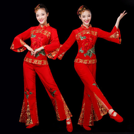 秧歌服演出服2025新款中国风扇子舞蹈服装民族腰鼓服广场舞套装女