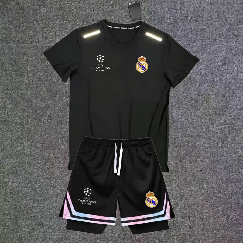 欧冠新款皇马运动套装夏季户外足球训练服速干透气翻领短袖短裤