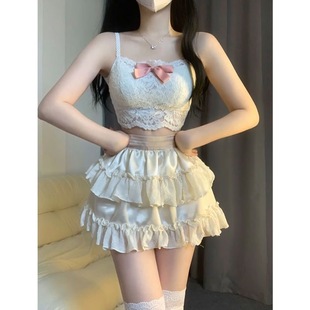 纯欲风甜美套装 辣妹吊带背心高腰半身裙仙三件套女 女夏季 蕾丝开衫
