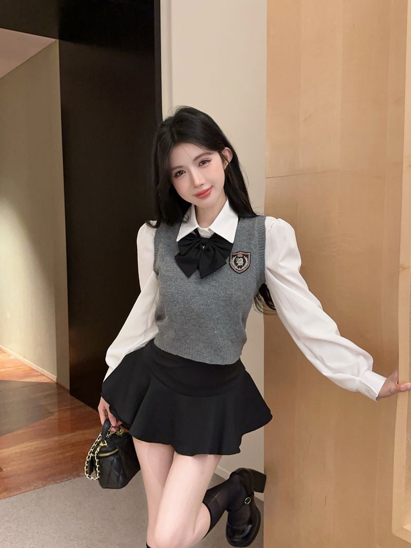 JK制服学院风两件套女马甲叠穿白衬衫校园高腰半身百褶裙套装早秋