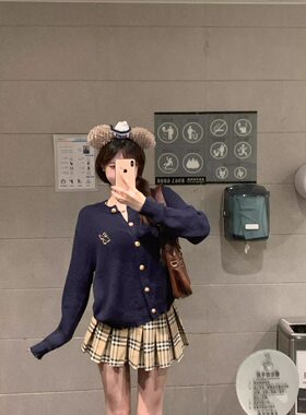 长袖v领针织毛衣开衫外套女春秋新款高腰显瘦百搭百褶裙两件套装