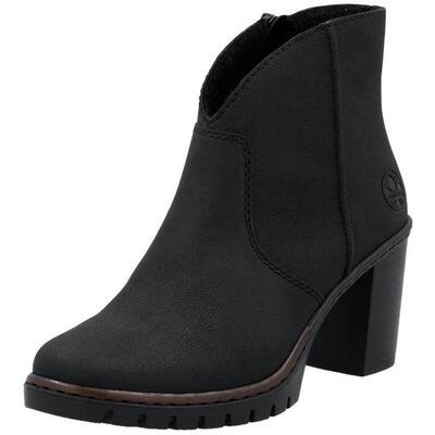 代购rieker女士短靴轻便吸震舒适柔软黑色粗跟方跟拉链设计