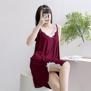 夏天休闲睡衣 蕾丝吊带裙花边拼接v领睡裙简约薄款 胖MM2 300斤大码