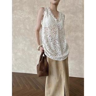 吊带背心女夏季 蕾丝V领无袖 洋气法式 胖mm镂空简约上衣 300斤大码