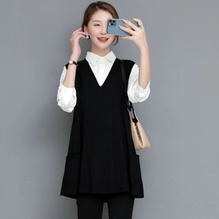 300斤大码中长款无袖V领打底针织衫背心胖mm宽松休闲减龄简约马甲