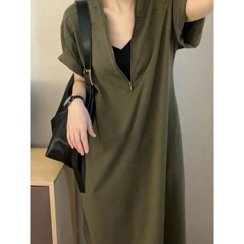 大码复古宽松短袖V领拼接T恤裙