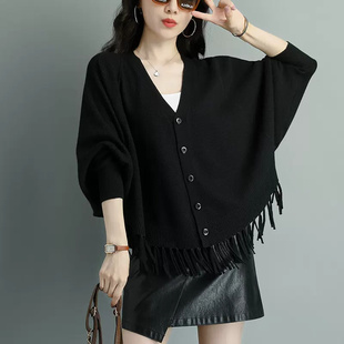胖MM大码300斤毛衣外套女秋冬新款时尚流苏外穿针织开衫斗篷披肩