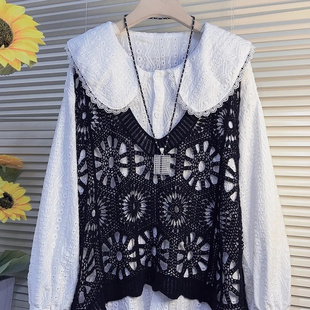 300斤大码 针织2 宽松休闲叠穿马甲 V领钩花镂空冰丝无袖 胖mm中长款