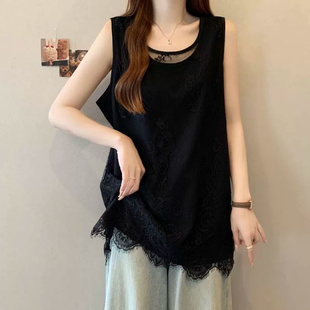 胖mm假两件洋气蕾丝无袖背心T恤女300斤大码时尚宽松遮肚显瘦上衣