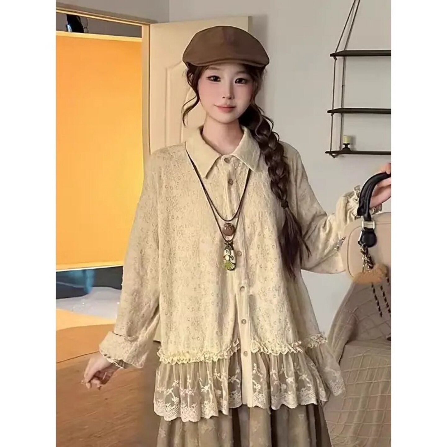法式复古蕾丝设计感polo领衬衫女时髦气质大码300斤胖mm遮肉上衣